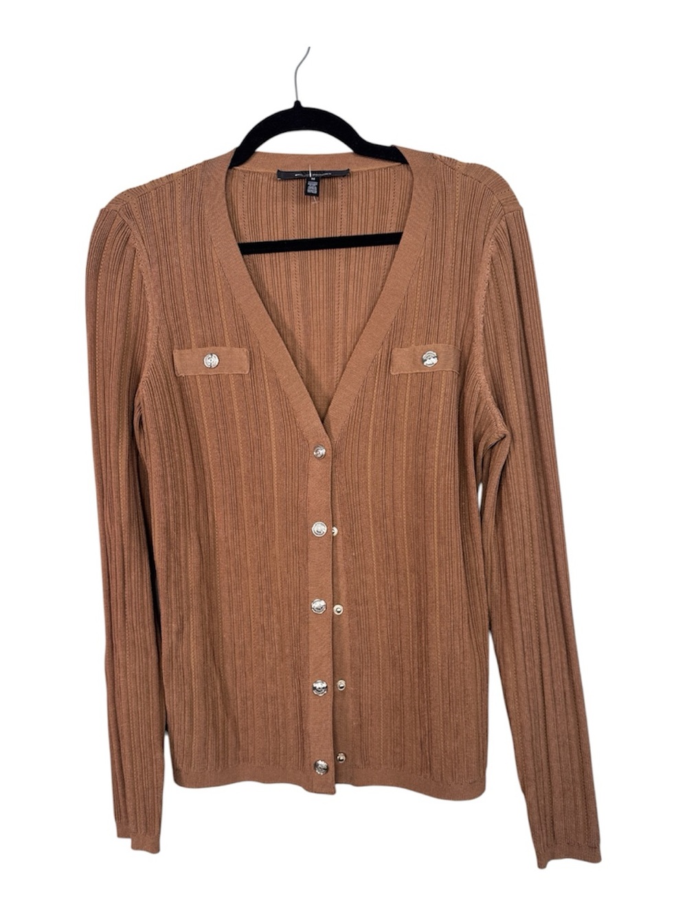 White House Black Market Brown Ribbed Knit Cardigan Sweater Womens M Preppy Fall